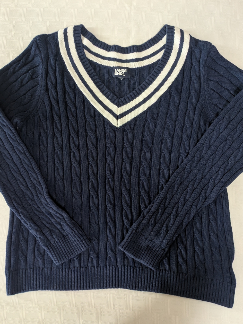 Lands' End Navy Cable Knit Varsity V-Neck Sweater | Preppy Cricket Style M,L